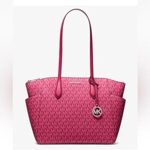 New Michael Kors Marilyn Medium Signature Logo Tote Bag Dark Raspberry Multi